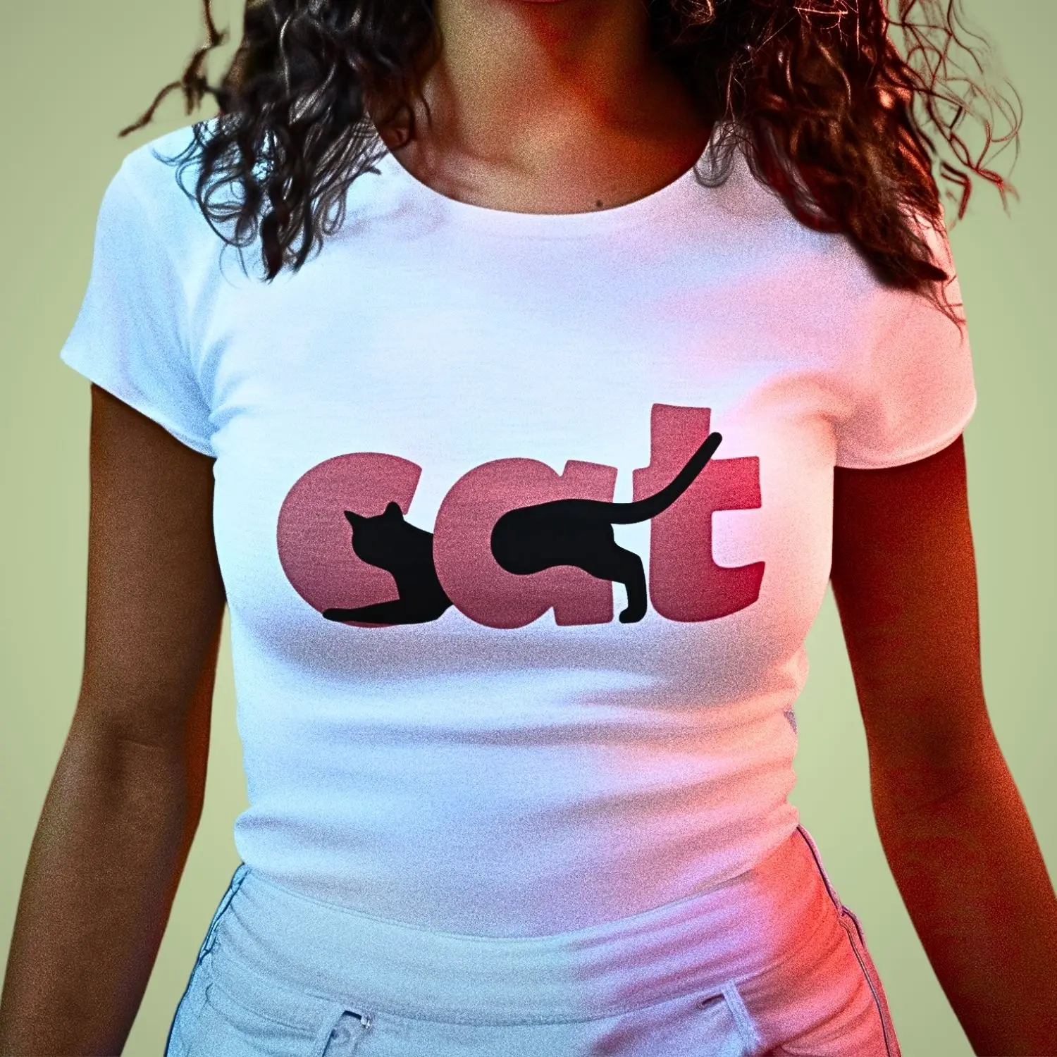 Camiseta com a estampa da palavra cat com a silhueta de um gato preto percorrendo as letras