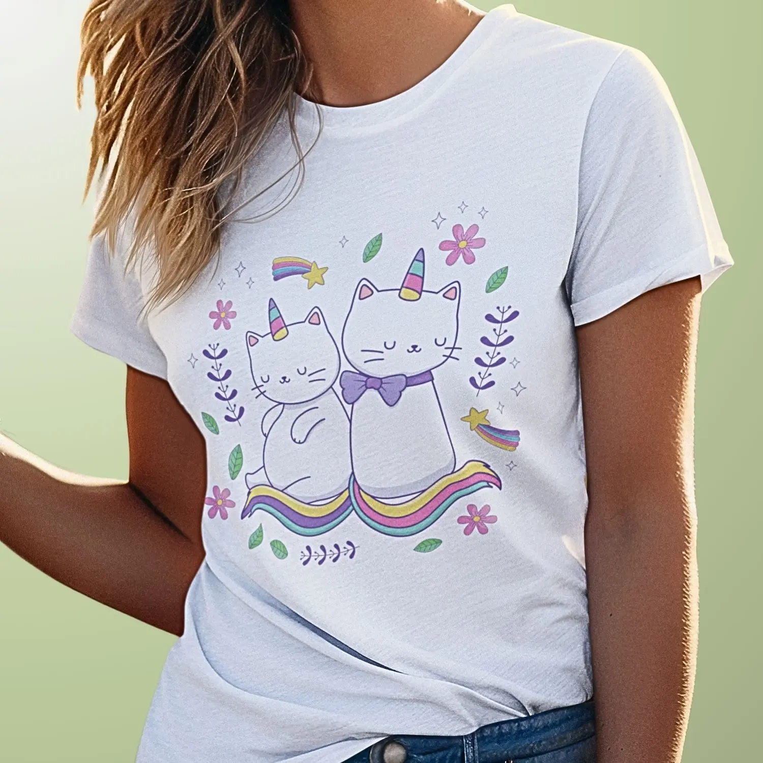 Camiseta com estampa do desenho de dois gatinhos com um chifrinho de unicórnio.