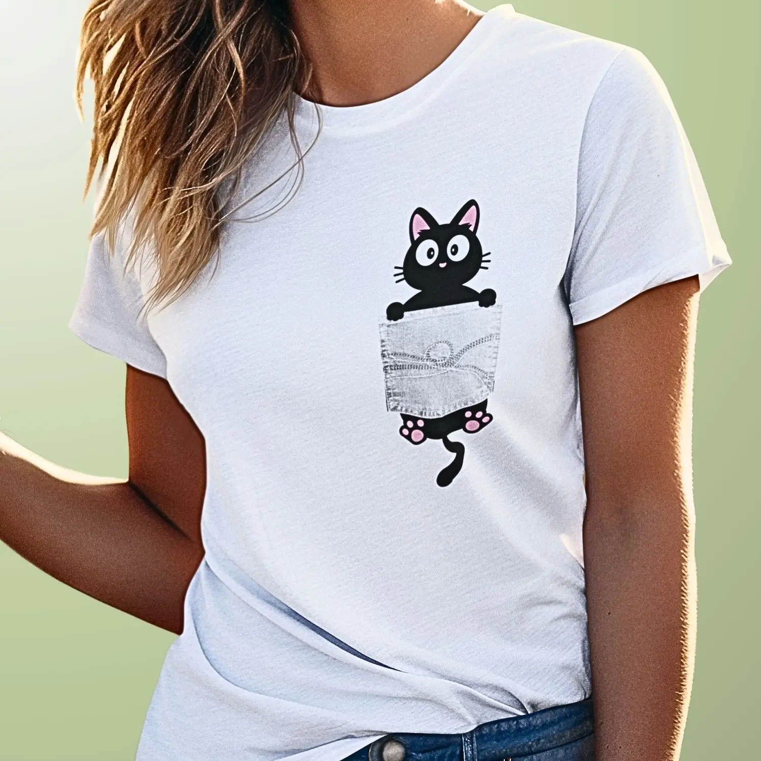 Camiseta com desenho de um bolso na lateral com desenho de um gato