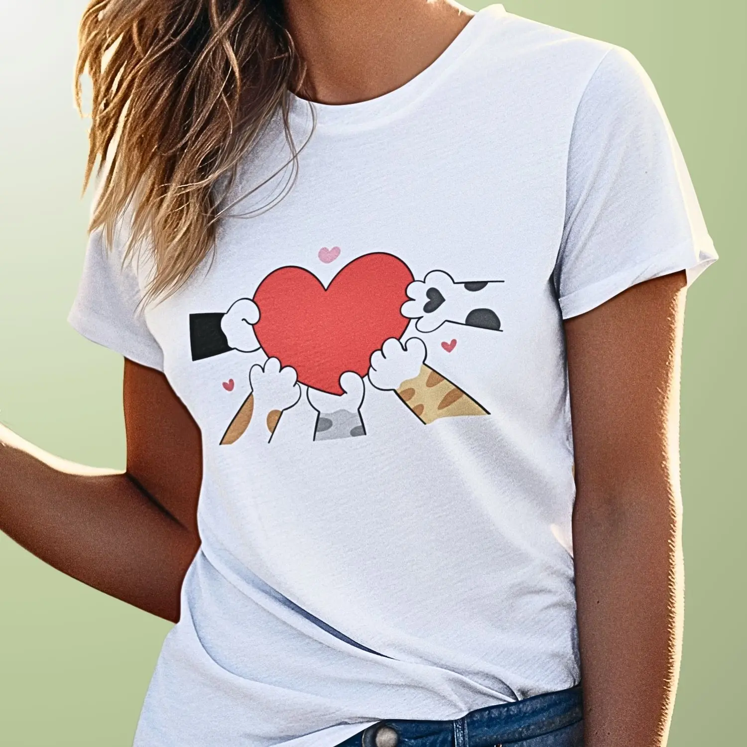 Camiseta com um coração vermelho no centro e patinhas de gatos ao redor
