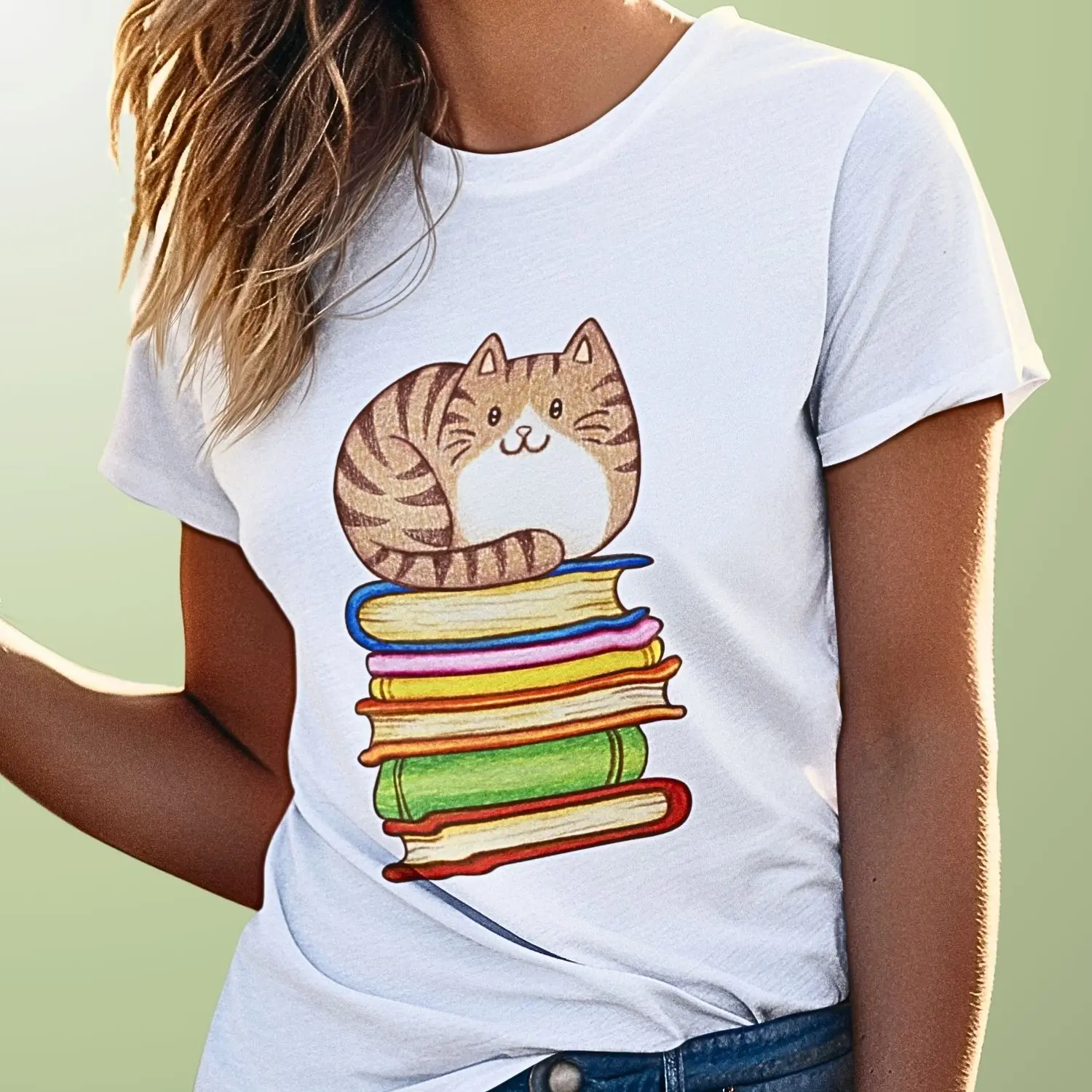 Camiseta com desenho de uma pilha de livros e um gatinho por cima