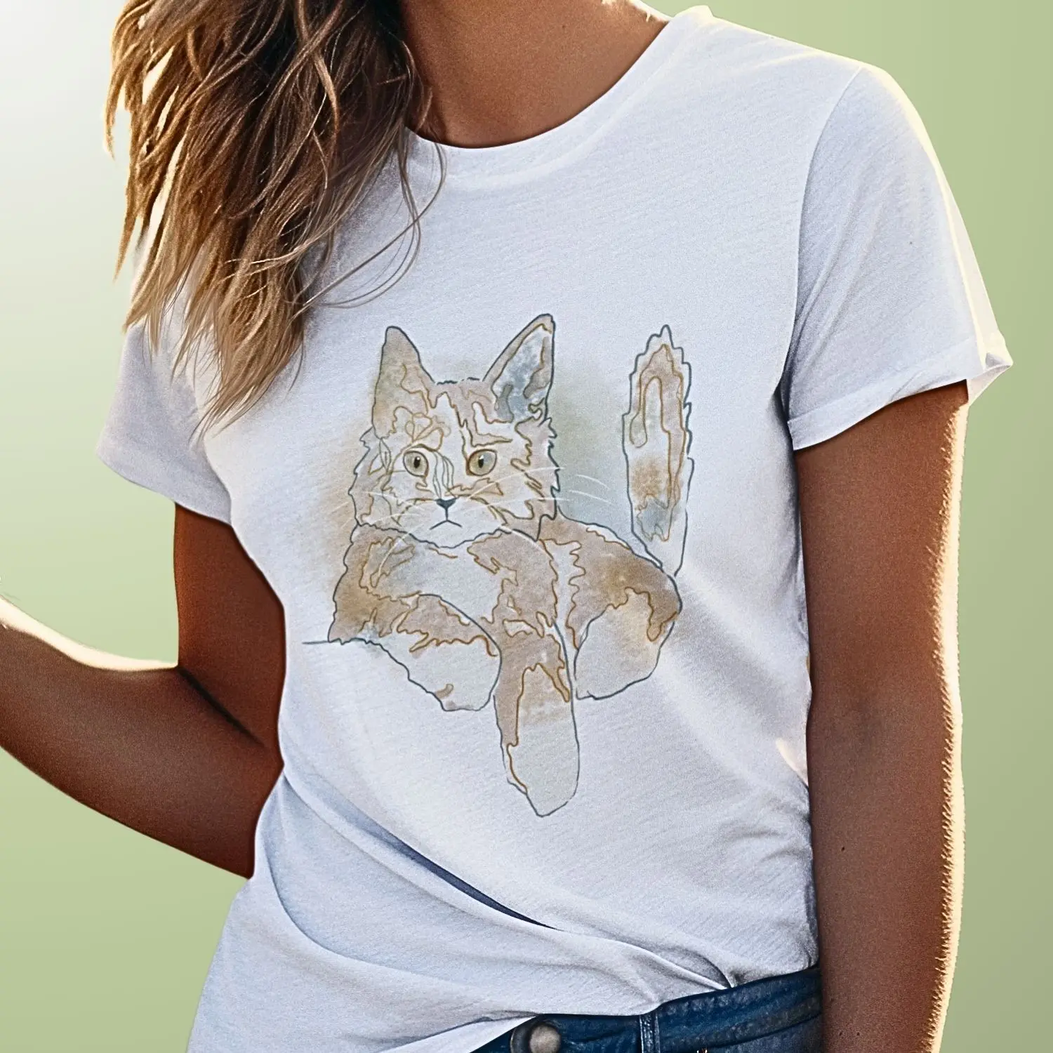 Camiseta com desenho de pintura de gato estilo aquarela