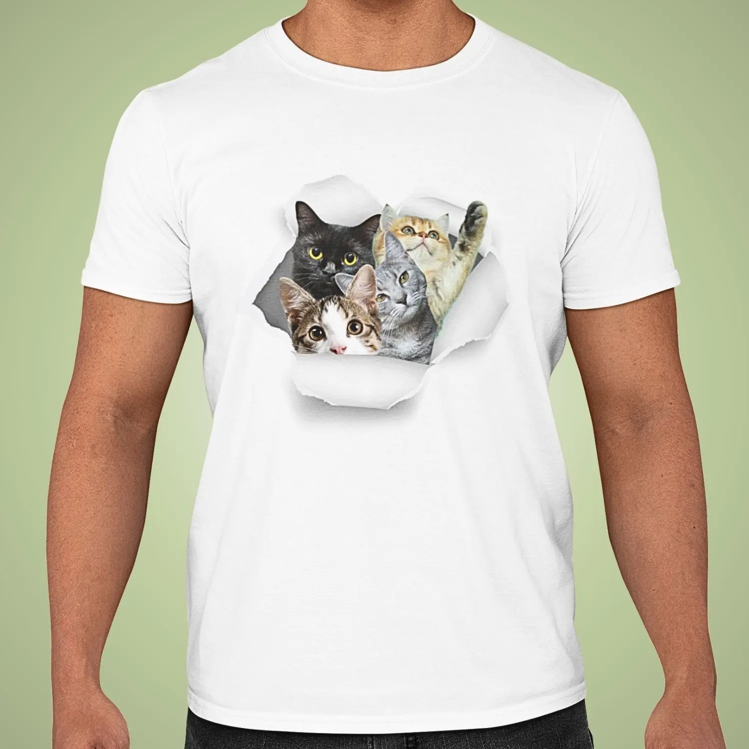 Camiseta com quatro gatos dentro de um desenho que simula um rasgo