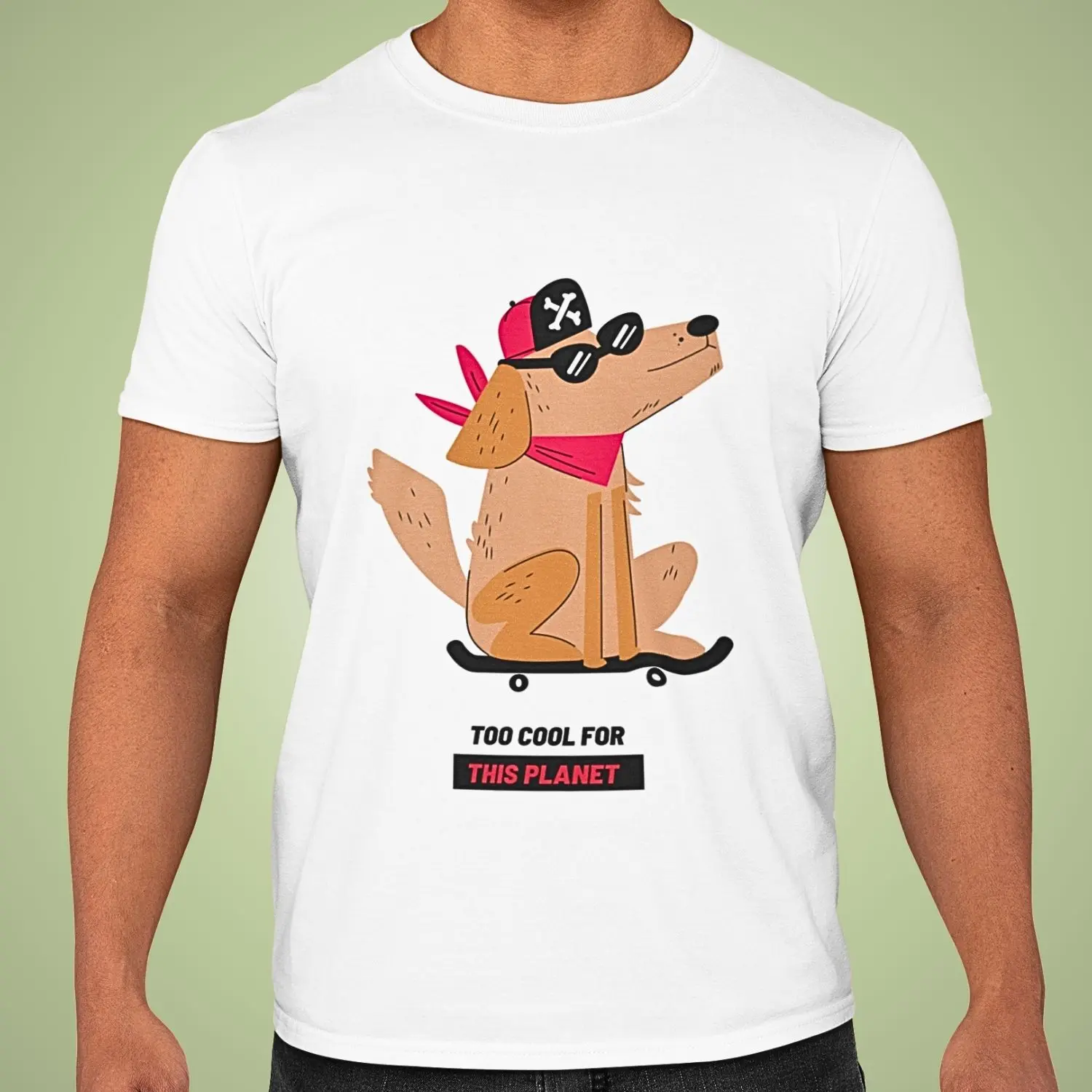 Camiseta com desenho de um cachorro descolado e a frase too cool for this planet