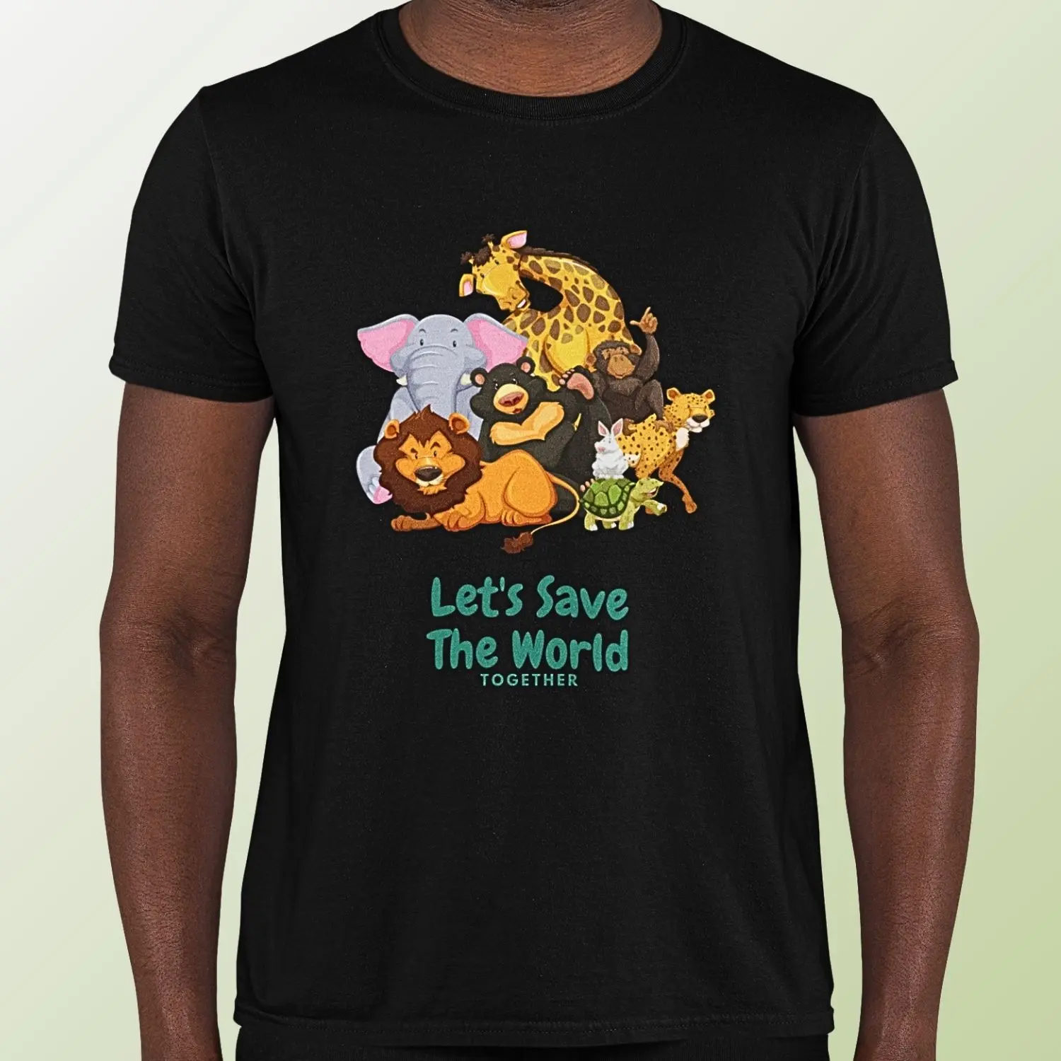 camiseta com desenho da fauna animal e frase lets save the world together